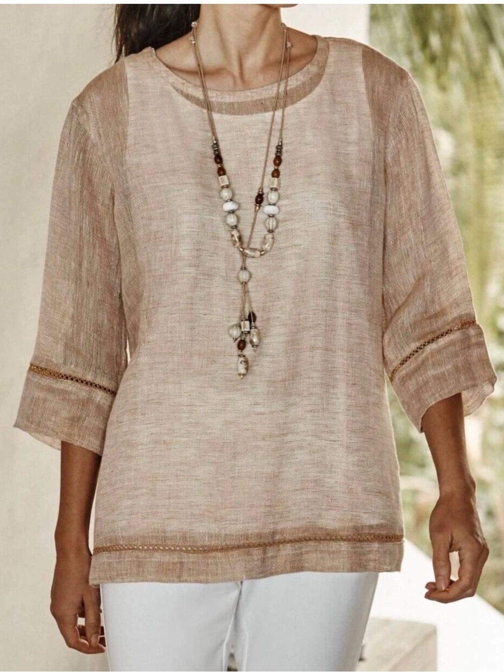 PURE JILL LINEN J. Jill Relaxed Airy Weave Linen Top in Camel Color Small Petite